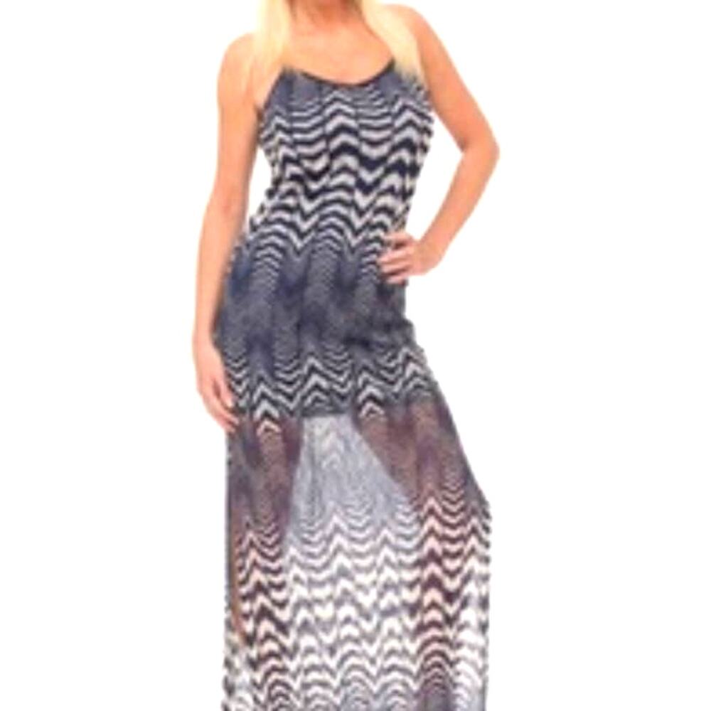 Fire Los Angeles Maxi Dress Size Small Navy Blue and Gray Chevron Sleeveless